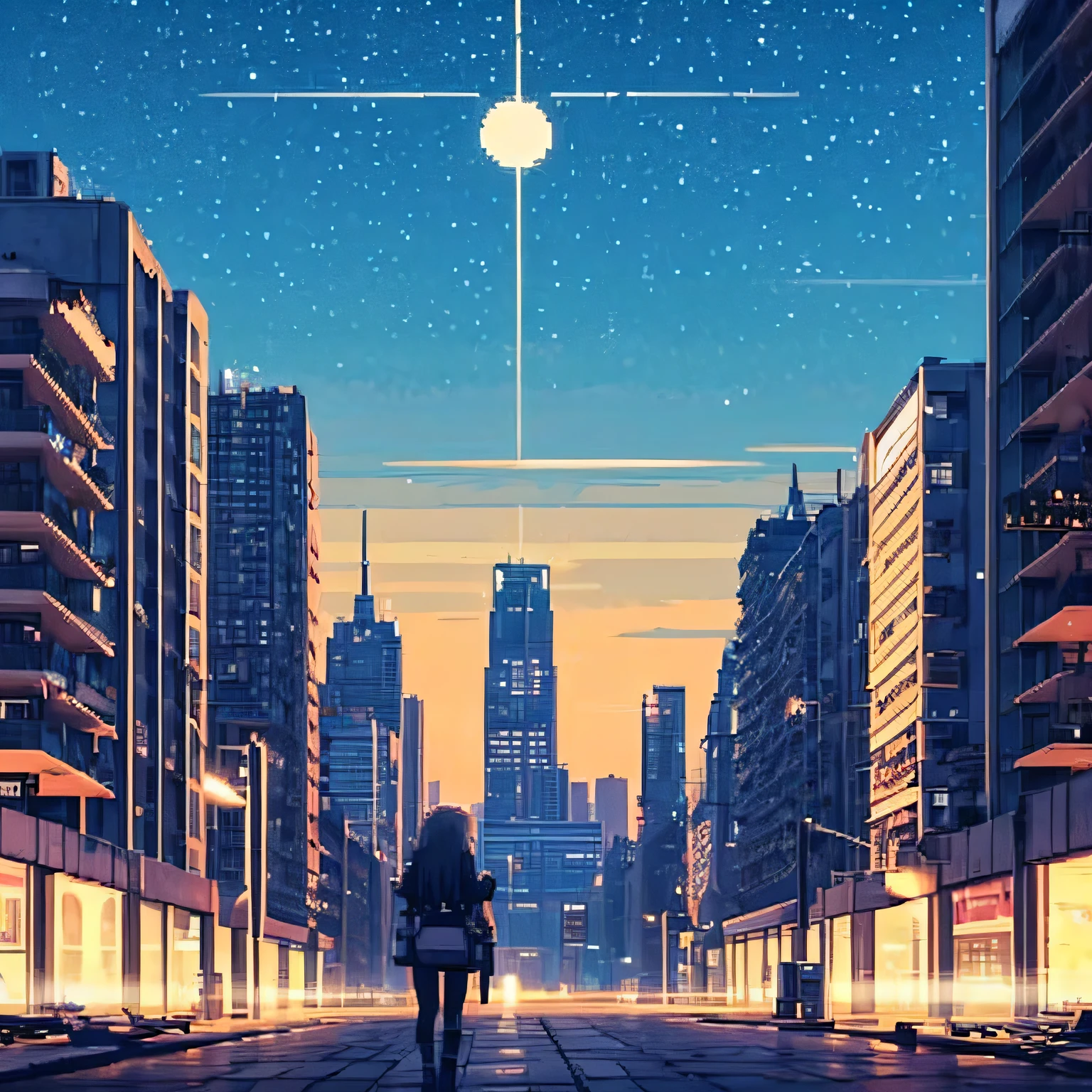 Girl in swimsuit walking towards the dark city, anime style landscape, decaying city, poor lighting, girl walking in the city, starry sky, destroyed city, planet seen in the sky, pixel art