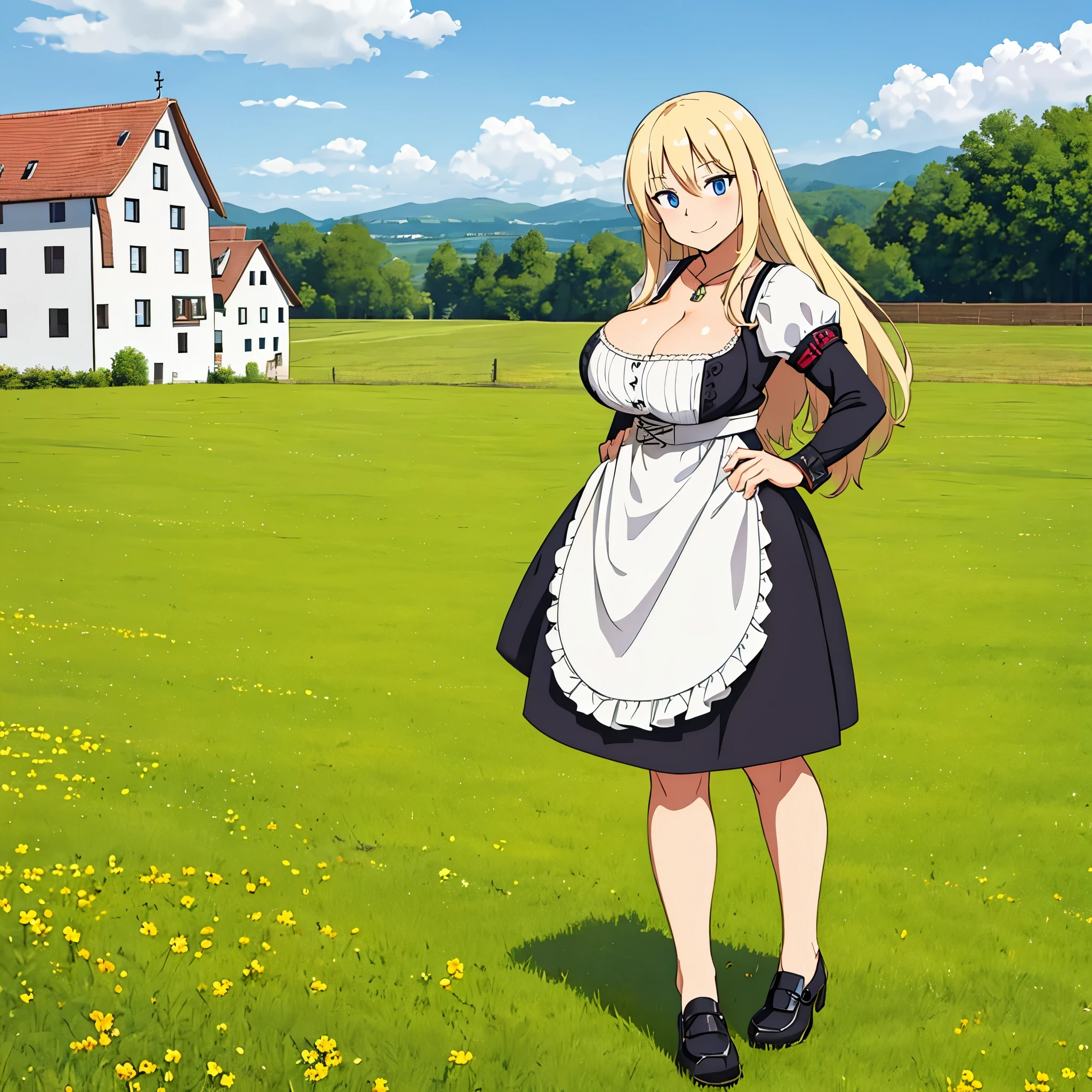 a woman wearing a traditional German Dirndl, exposed thigh, big breasts, long blonde hair, smiling blue eyes, black shoes, walking in a farm field with traditional German town in the background. full body, day place,very detailed, ultra defined, high quality, well defined, masterpiece (solo woman)
