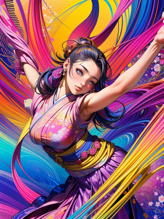 (masterpiece, highest quality, highest quality, Official Art, beautifully、aesthetic:1.2), (1 girl:1.3), Very detailed,(Fractal Art:1.1),(colorful:1.1),Most detailed,(Tangled:1.2), (Dynamic pose), (Abstract background:1.5), (Japanese Clothing:1.2), (Shiny skin), (Many colors:1.4), ,(Earrings:1.4),