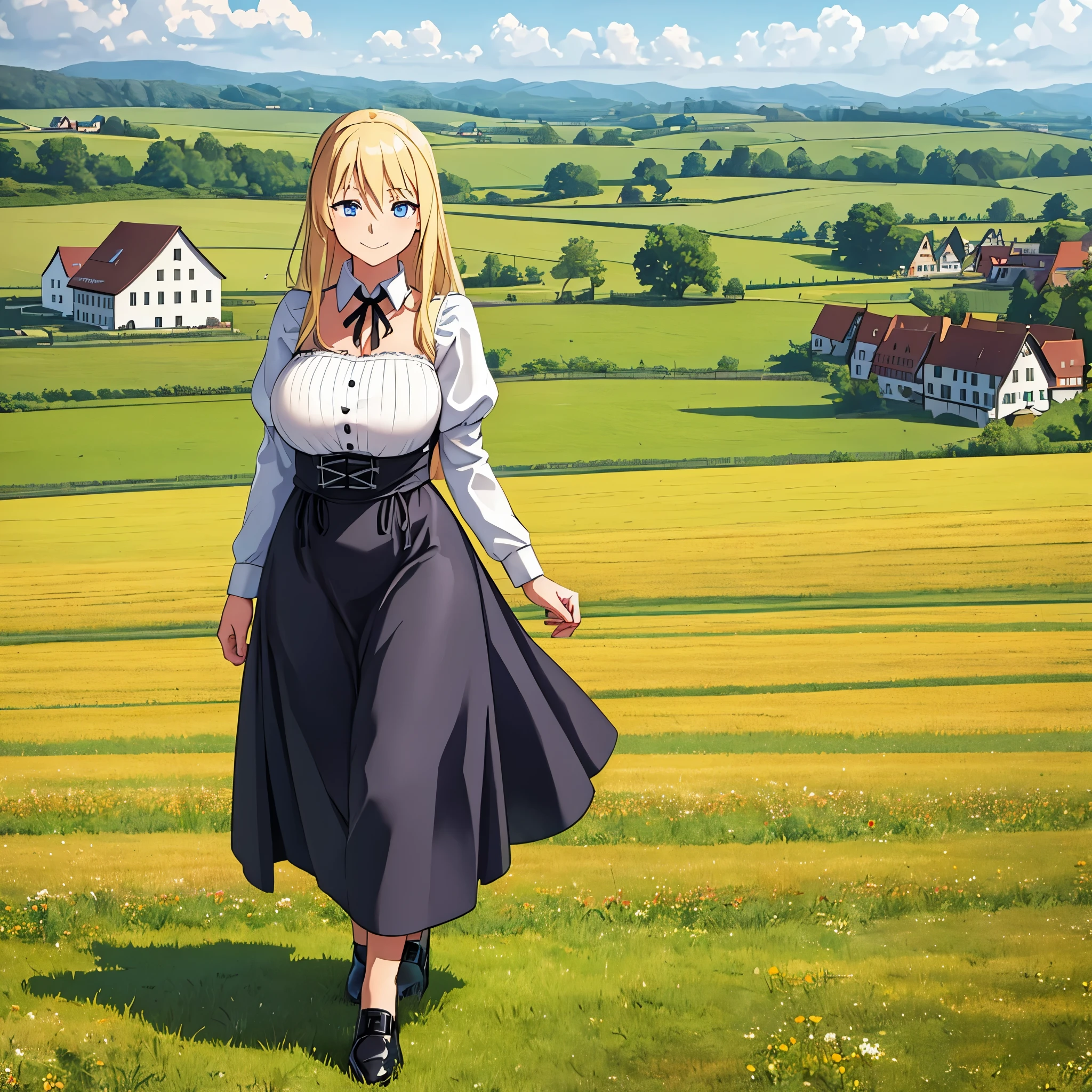 a woman wearing a traditional German Dirndl, exposed thigh, big breasts, long blonde hair, smiling blue eyes, black shoes, walking in a farm field with traditional German town in the background. full body, day place,very detailed, ultra defined, high quality, well defined, masterpiece (solo woman)
