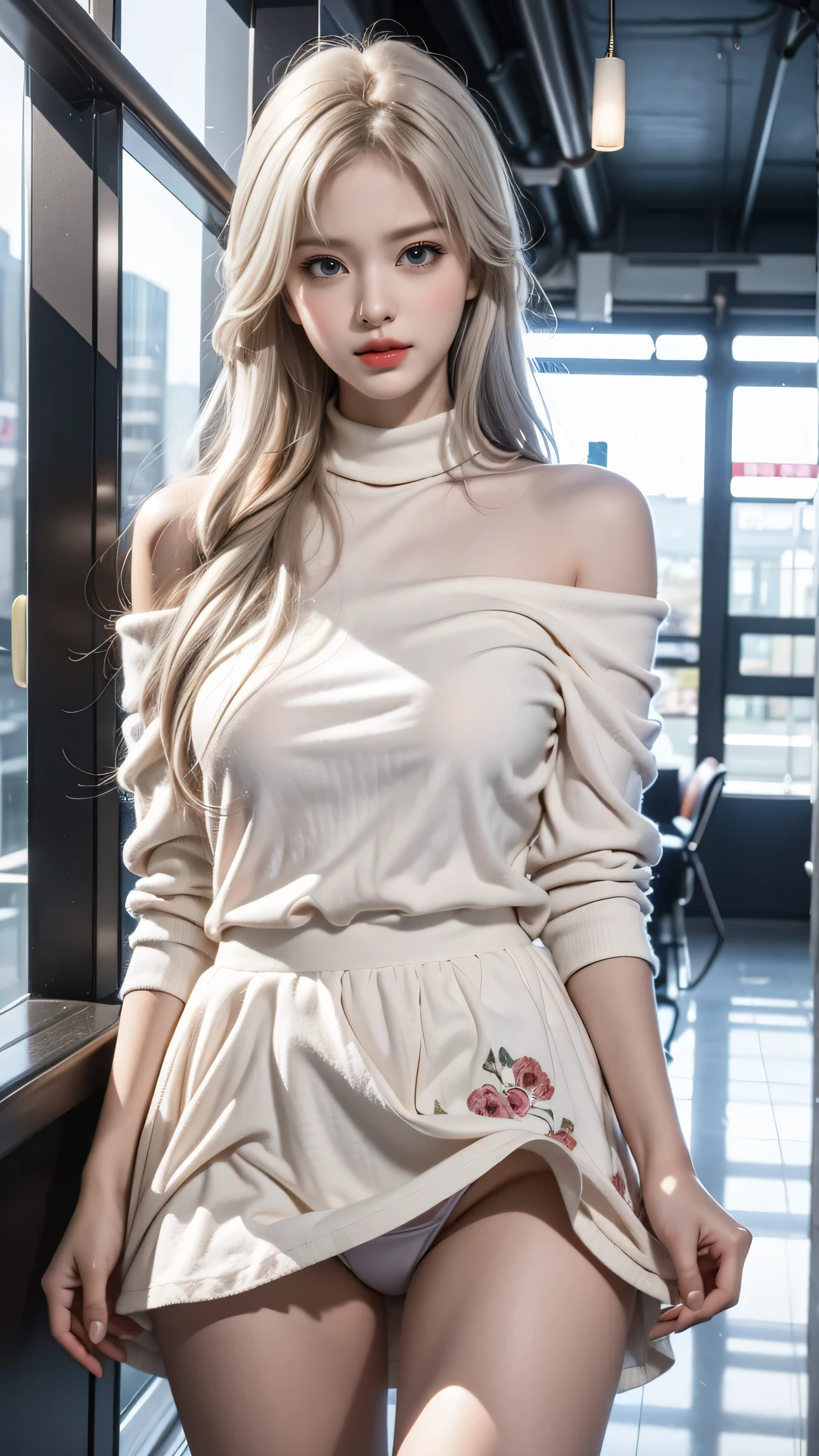 Best quality work,Actual work,Ultra Premium Graphics,8K HD CG Works,High quality graphics,High-definition CG works,10x pixels,Extremely fine detail:1.1,Advanced Technical Details:1.1 Photorealistic,Indoor lighting effects:1.5,Natural light:1.5. Light effects(virtual Light effects:1.8),(short golden-white hair)、(Bob Hair),Clear Eyes,Beautiful double eyelids,Sharp eye makeup, Delicate eyelash makeup, Thin eyebrows, Highly detailed eyes,High nose, Nice red lips, Rose Cheeks, A face with subtle makeup , Cute face, perfectly balanced face,(Advanced Face Detail:1.1),((Girl Standing On Office Floor))、Best quality work,Actual work,Ultra Premium Graphics,8K HD CG Works,High quality graphics,High-definition CG works,10x pixels,Extremely fine detail:1.1,Advanced Technical Details:1.1 Photorealistic,Indoor lighting effects:1.5,Natural light:1.5. Light effects(virtual Light effects:1.8)、 Thin eyebrows,High nose, Nice red lips, Rose Cheeks, A face with subtle makeup , Cute face, perfectly balanced face,(girl in school uniform),A light-toned foundation enhances the clarity of your skin.、)、(Floral dress on off-shoulder white background) 40k, photograph, White skin, highest quality, Tabletop, Ultra-high resolution, (Realistic:1.4), RAWphotograph, (Perfect figure), (slim:1.3), Slim abdomen, Perfect slim figure, Dynamic Pose, alone, Cold light 12000K, Highly detailed facial and skin texture, Fine grain, Realistic eyes, Beautiful fine grain, (Realistic Skin), Charm, 超A high resolution, Surreal,(Tuck up the hem of your skirt)(Lift-up skirt)(White panties are visible)、
