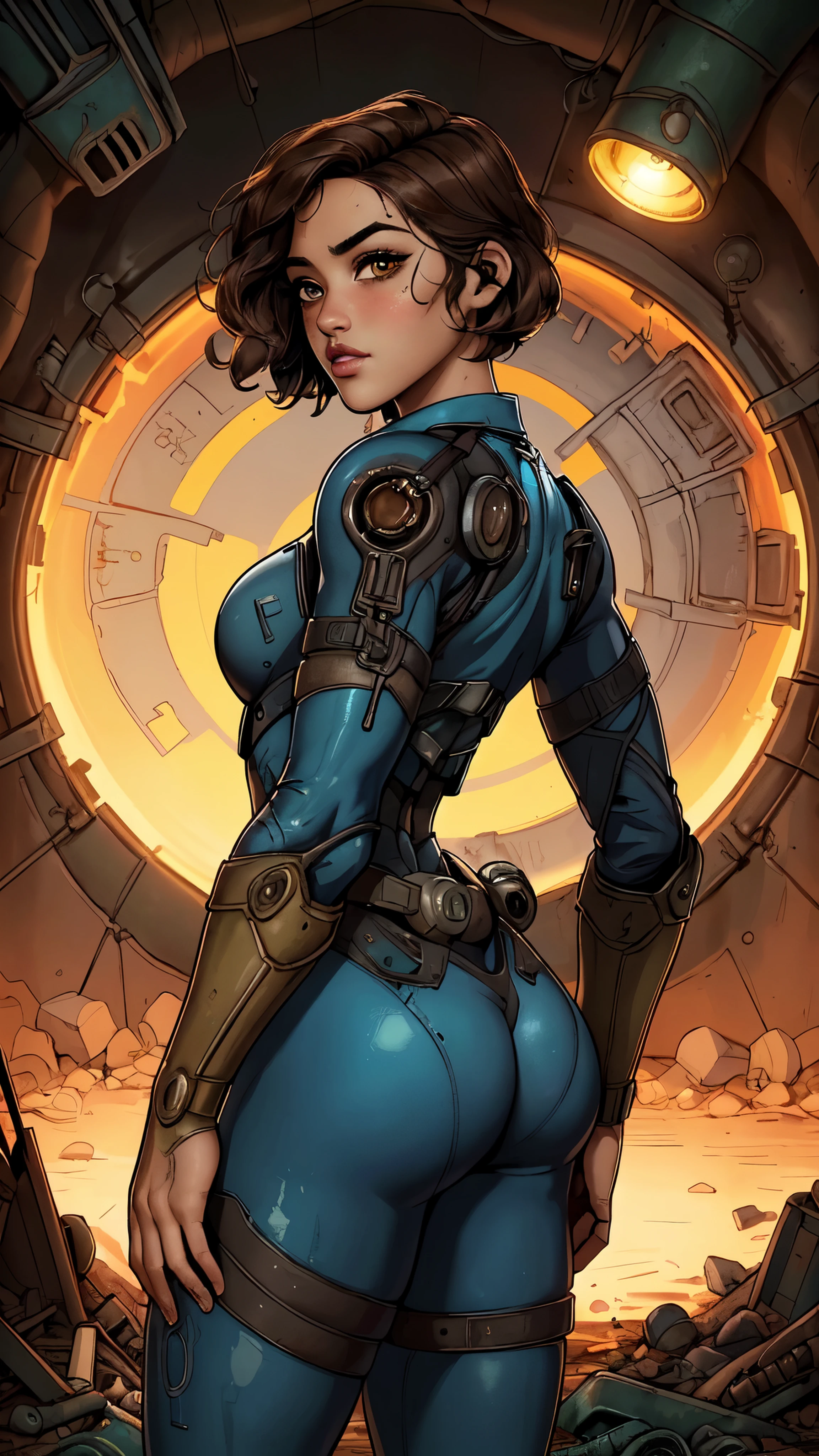 (La mejor calidad,A high resolution,Ultra - detallado,actual),(Ella Purnell linda y nerd) , (pelo negro ondulado atado en una cola de caballo) , (wearing a blue vault suit from Fallout 4 with lots of details and slits:1.4 ), (background inside an atomic bomb vault shelter:1.4), Cara de alto detalle, Piel de alto detalle, seductive expression, cuerpo perfecto, proporciones perfectas, a nuclear wasteland background with scattered ruins, alta calidad, Obra maestra, foto realista, intrincadamente detallado, 8k, hdr, poca profundidad de campo, Luz amplia, alto contraste, Iluminar desde el fondo, Sharp focus, Foto en color crudo, mirando a la camara, colores frios, dynamic poses, (al estilo de Fallout 4:1.4) , (Detalles de la cara: 1.5, beautiful brown eyes , hermoso rostro, ojos bonitos, Iris lining, labios delgados: 1.5, delgado, pale and sharp eyebrows, Largo, dark eyelashes, double eyelashes),(Ella Purnell:1.4), (Ella Purnell V2.1), (Fallout V2.1),( perfect anatomy), (rear view, backside view),