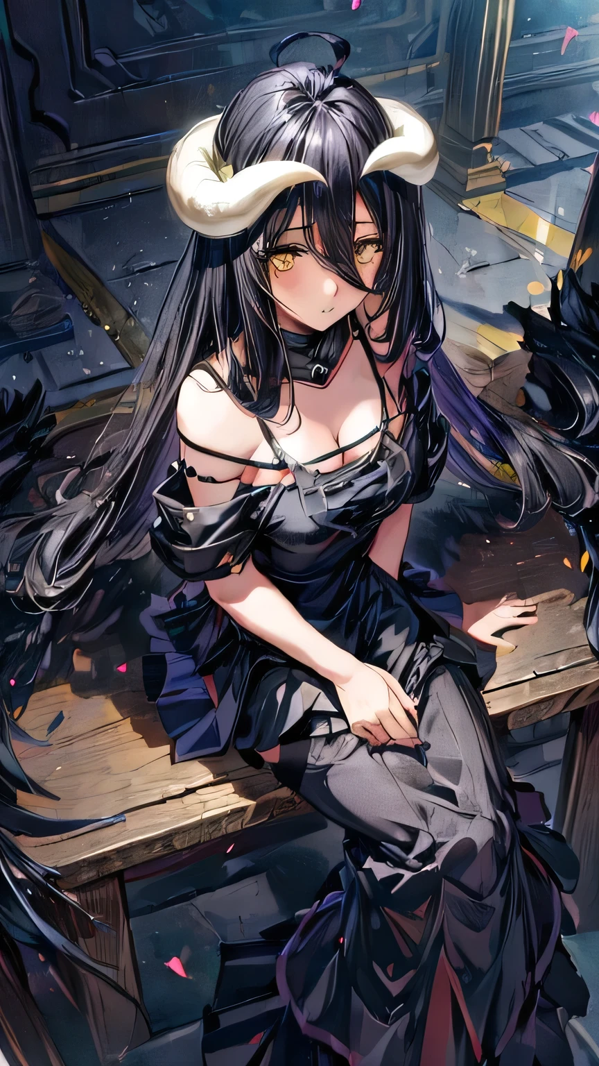 ((((Gorgeous black dress)))),  One girl, horn, alone, Yellow Eyes, Black Hair, Long Hair, (Low Wing:1.2), , Cleavage, Exposing shoulders, Hair between the eyes, Medium chest, Sitting, , Black feathers fall, Audience Room, 