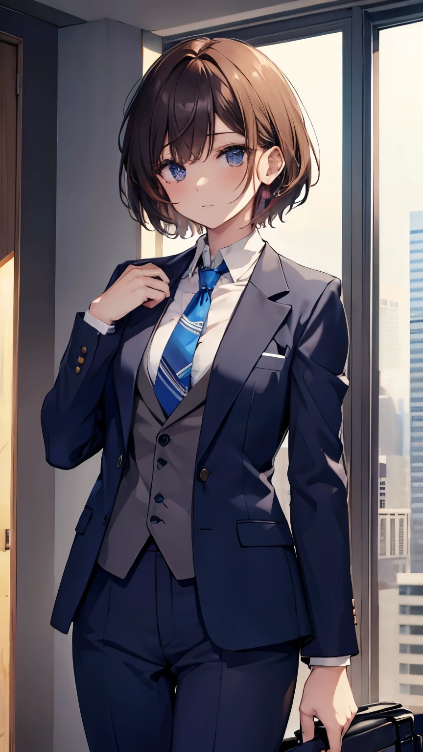 ((masterpiece)), (textured skin), ((high details)), best quality, award winning, 8k, ((beautiful woman)), beautiful lady in male clothing, (blue suit, brown tie), white shirt, ((three-piece suit)), brown hair, swept bangs, short hair, at office, lawyer, expressions