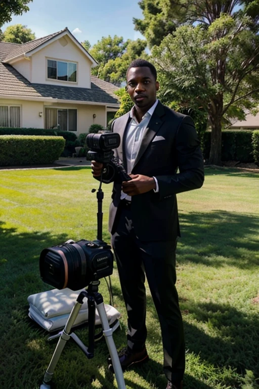 professionally dressed Black male holding a Sony DSLR camera stationed on a gimbal while standing on the lawn of a home for sale in the sunlight