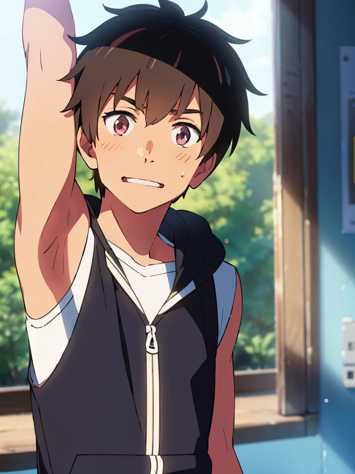 Ultra sharp, masterpiece, best quality, shinkai makoto, kimi no na wa, 1boy, Boy, Shota, brown hair, Taki, Sleeveless hoodie, Bare shoulder, blush, (Showing armpit:1.3), smile, cute boy, open mouth, adorable boy, looking at the viewer, Belt, sweat, Simple beckground