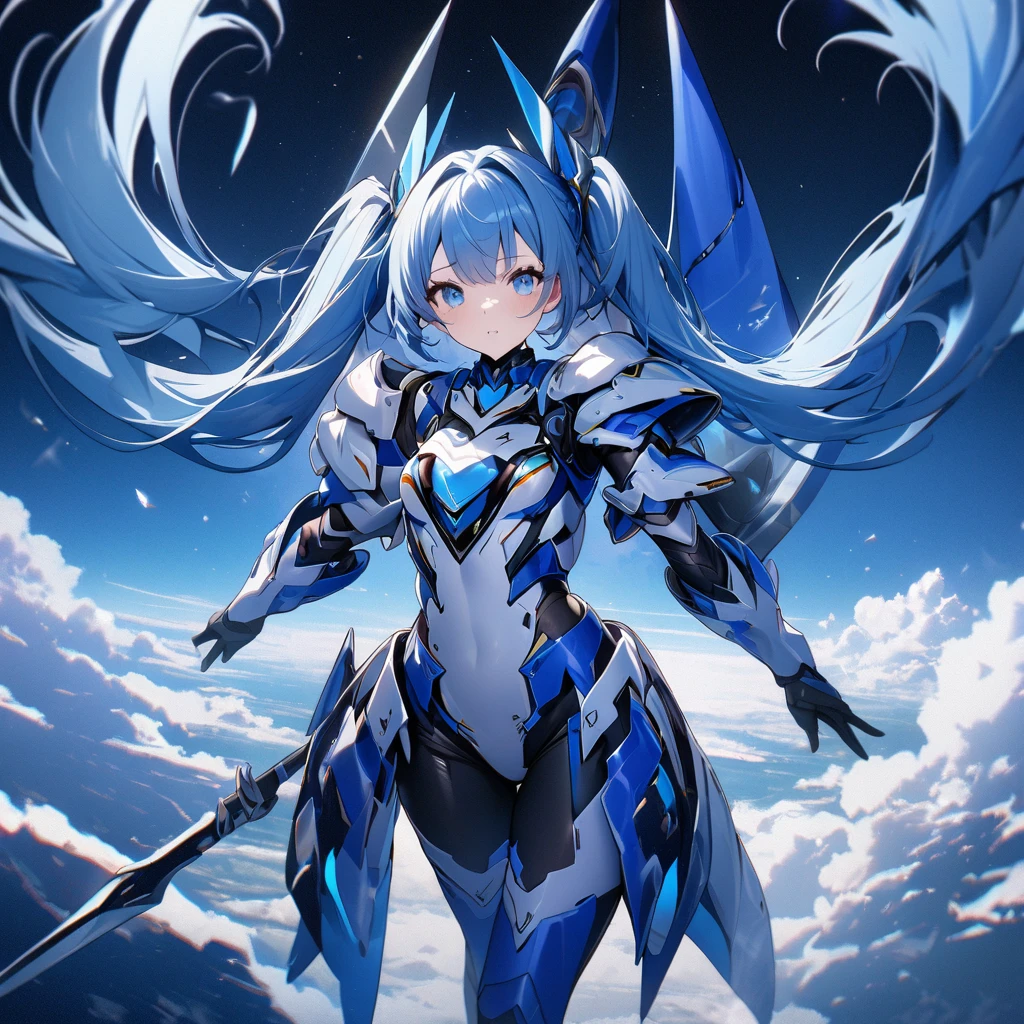 High quality, high definition, hig
h precision images,8k 1 Girl Robot Girl、Blue hair,Twin tails,blue eyes(,Flying in the sky),
、With a White and blue, spear,Blue and white clothing,He's wearing flashy robot armor.Full-body view