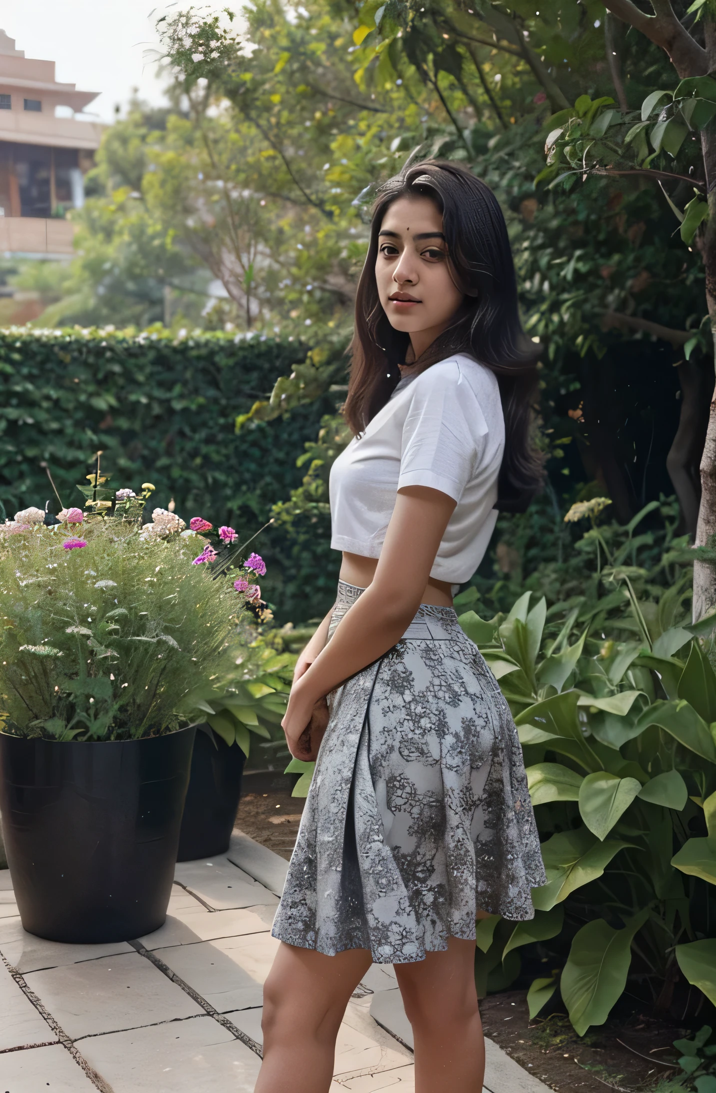21 yo Indian women Ananya Pandey wering , grey printed skirt, gardener in flowers garden perfect view perfect anatomy realistic realism full body view