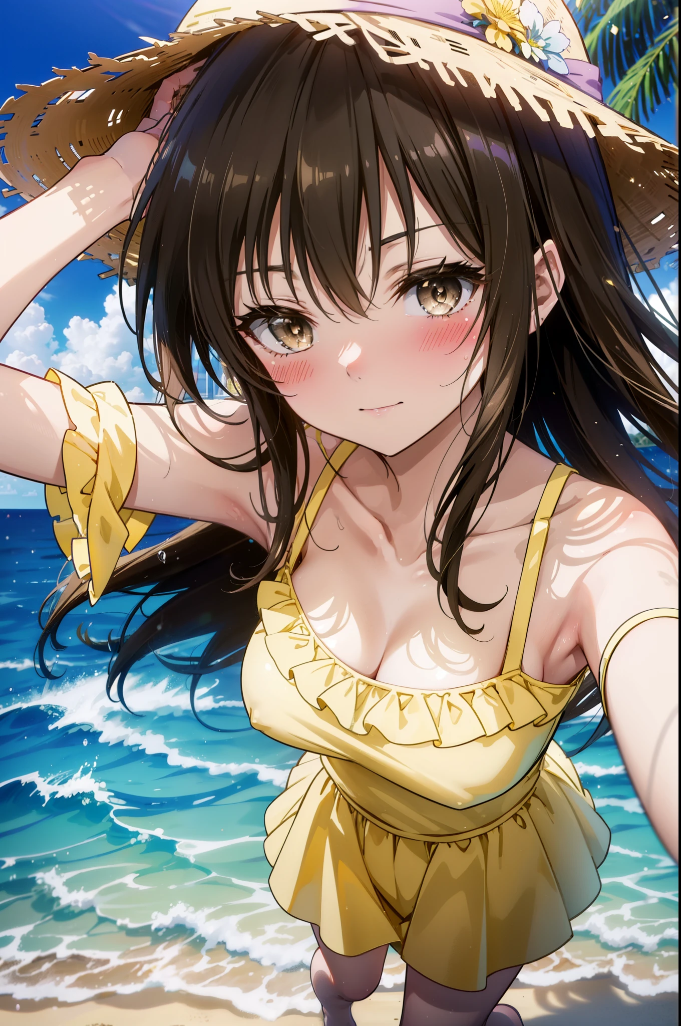 yuikotegawa, Yui Kotegawa, Black Hair, (Brown eyes:1.5), Long Hair,happy smile, smile, Open your mouth,blush,Big Breasts,Big straw hat,Off-the-shoulder sleeveless yellow dress,bare clavicle,Bare neck,Bare arms,Bare shoulders,long yellow skirt,barefoot,Daytime,Clear skies,Palm tree,Sandy Beachを散歩している,whole bodyがイラストに入るように,
break outdoors, Beach,Sandy Beach,
break looking at viewer, whole body,
break (masterpiece:1.2), highest quality, High resolution, unity 8k wallpaper, (figure:0.8), (Beautiful fine details:1.6), Highly detailed face, Perfect lighting, Highly detailed CG, (Perfect hands, Perfect Anatomy),