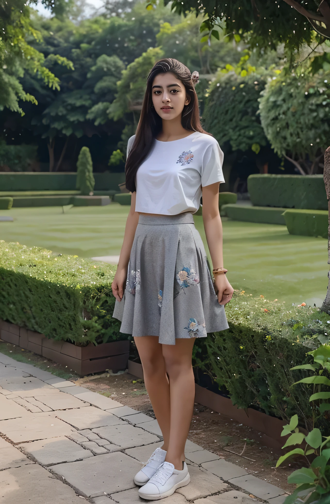 21 yo Indian women Ananya Pandey wering , grey printed skirt, gardener in flowers garden perfect view perfect anatomy realistic realism full body view 