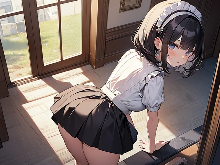 (masterpiece, highest quality, highest quality, Official Art, Cosmetology and aesthetics: 1.2), Bobcut, Black Hair,Short skirt maid outfit, Crossdresser,Cute, delicate and short, upskirt, panties, (all fours:1.2), cleaning,from above, from behind,Luxury House,corridor