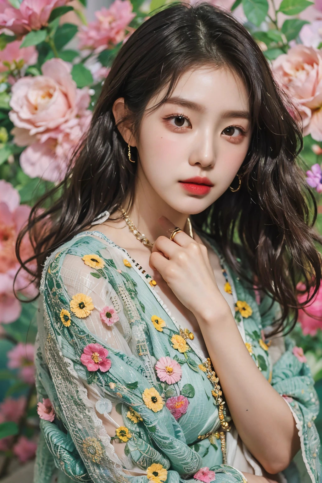 Portrait of a Korean woman with a dreamy background, (Highly detailed facial expressions), Fashionable Korean women,