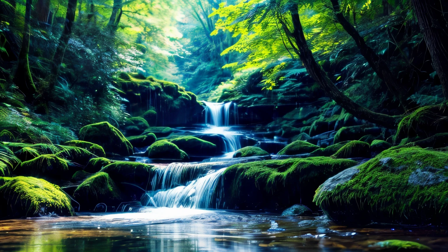 masterpiece, (8k wallpaper) , (highest quality), Perfect quality, In the forest where gentle light shines,Small waterfall,stream,streamの周りには蝶々is flying