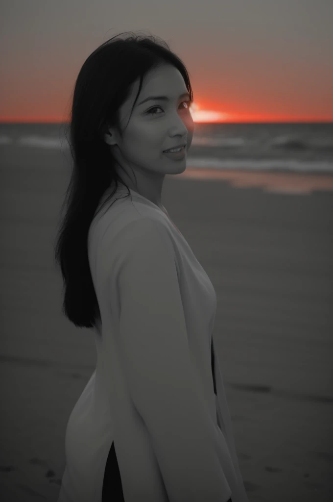 ((Top Quality)), ((8K)), ((Masterpiece: 1.3)), (Perfect Appearance), (Photorealism: 1.6), (grayscale: 1.6), (Japanese woman walking on the beach with the sunset in the background: 1.4), (sandy beach at sunset), (The sea dyed red by the sunset), (The setting sun is dazzling), (Backlit), (Mont Saint Michel can be seen in the background: 1.2), japanese woman, (48 years old), (back view), ((Standing upright, facing forward, center of screen)), ((Realistic skin texture)), (Fine wrinkles throughout the skin), (Dull skin), (Skin without moisture) , (Wrinkles on the face), (Wrinkles on the corners of the eyes), Double eyelids, tear bags on the lower eyelids, The eyes are looking here, serious gaze, smile with the corners of the mouth raised wide, straight medium length, hair fluttering in the wind, (Only the lips are red color: 1.6), (face close-up: 1.3), Angle from feet: 1.2,
