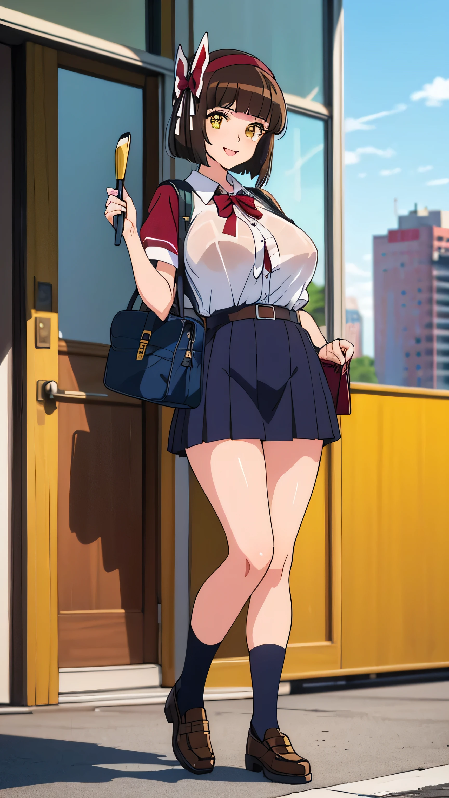 (Masterpiece Anime, One, Retro art style, Clean brush strokes, Very detailed, Perfect Anatomy, Browsing Caution), City Background, In front of the sweets shop, (Full Body Shot), (mio), 1Girl, Eyebrows visible through hair, bangs, Brown Hair, Spider web print, hair ornaments, sash, band, Hair Ribbon, compensate, Yellow Eyes, (Sansakumaru:1.4), (Beautiful and detailed:1.5), Open your mouth a little, Confident々Smile, High Body, (Large Breasts:1.5), (Idol Pose), (Over the , Navy blue), (School uniform mini skirt, Navy blue), Leather student bag,