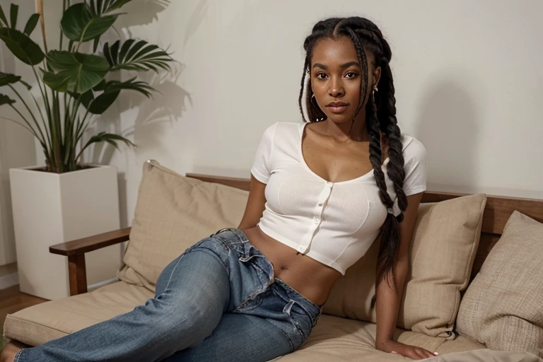 Mulher adulta, negra, 25 anos,  box braids hair, boca pouco carnuda, nariz fino, corpo tamanho M ,olhos castanhos, baiana, the influence of American fashion, como jeans bem cortado, blusa despoja. Uma bolsa , brinco pequeno e anel.