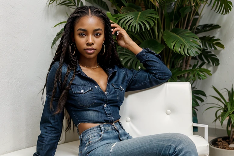Mulher adulta, negra, 25 anos,  box braids hair, boca pouco carnuda, nariz fino, corpo tamanho M ,olhos castanhos, baiana, the influence of American fashion, como jeans bem cortado, blusa despoja. Uma bolsa , brinco pequeno e anel.