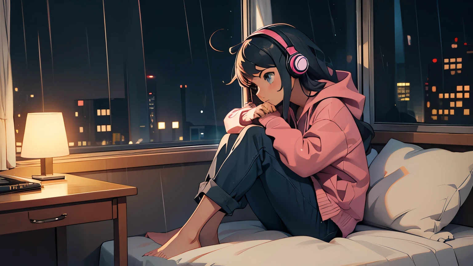 anime girl sitting in her room at night studying with her cat. rain outside window. wearing headphones.