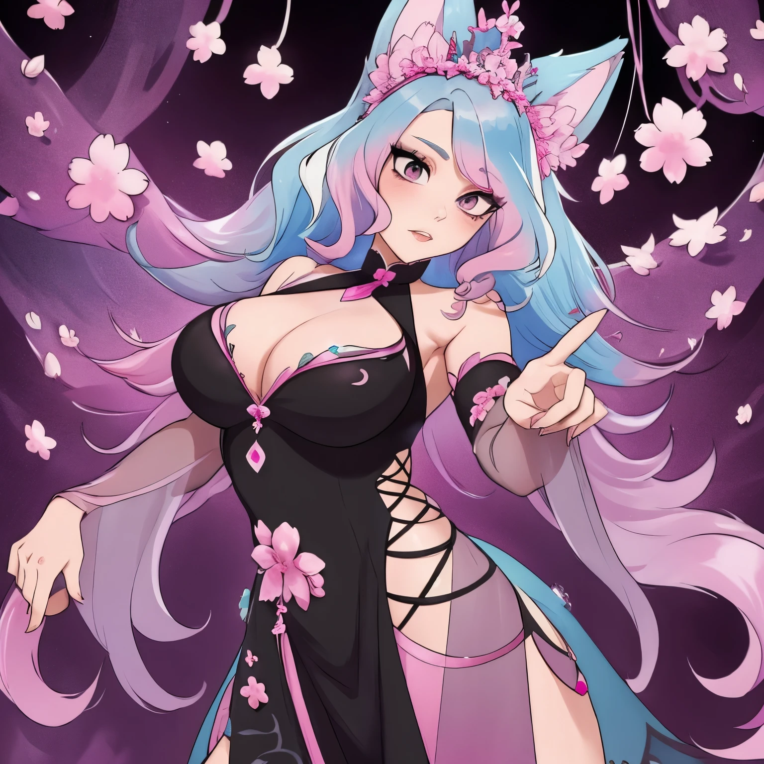silvervale with multicolored hair wearing a black and pink sakura dress, alone, solo, (ALONE)(SOLO) Dancing, busty, hands hidden, perfect hands