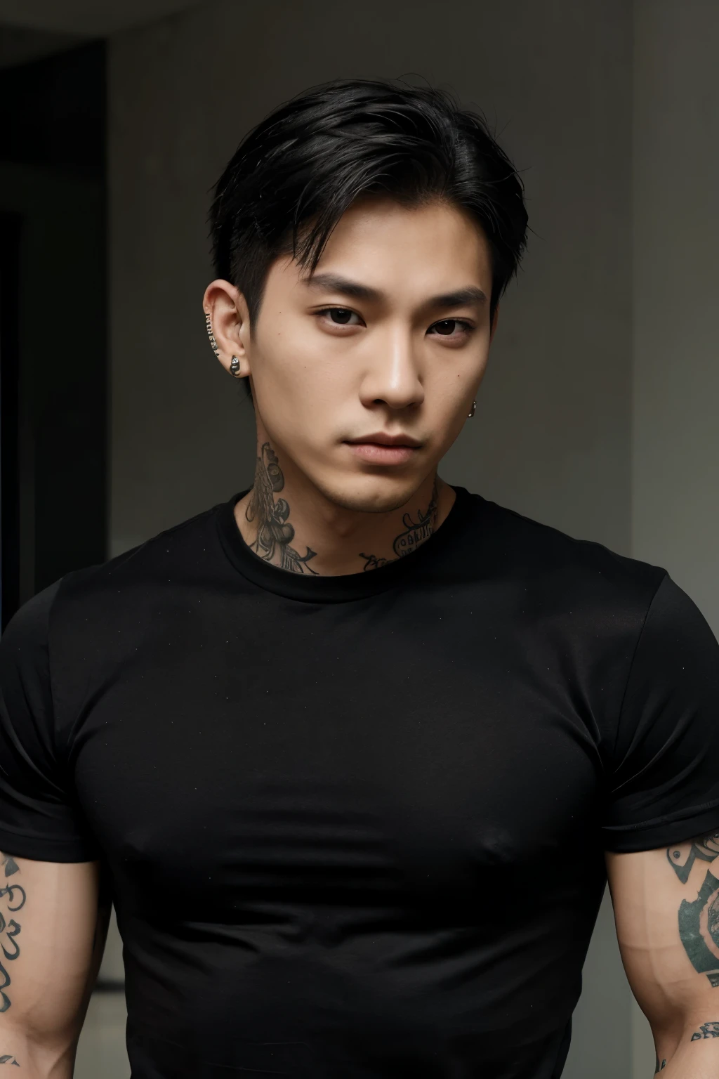 Young man, extremely attractive, muscular, korean, wearing black shirt, ear and lip piercings, tattoed, no facial hair