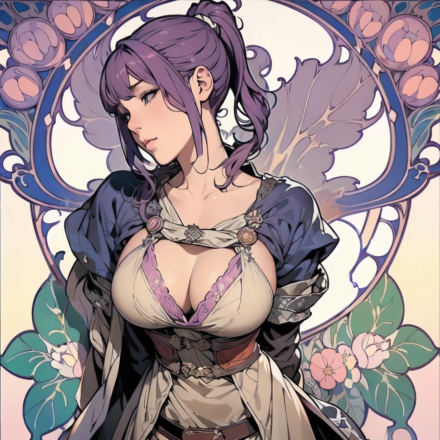 ((Detailed face)),((Mucha's style)),(portrait),huge breasts, Raised ,The look of ecstasy,purple pink hair,side ponytail,(arms behind back:1.2),((be downcast))((Medieval fantasy Female bandit)),Wearing  Medieval bandit clothing,(cowboy shot:1.2)
