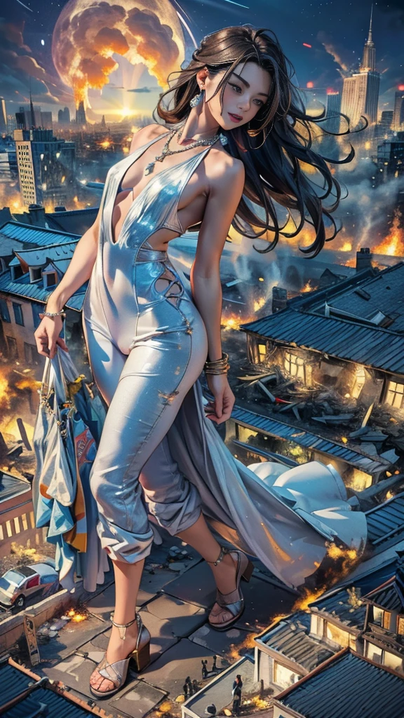 (16k, High resolution, highest quality, masterpiece, 超High resolution), ((Giantess Elements,)), From above:1.2, Perfect dynamic composition:1.2, (Modern city at night), Highly detailed skin and facial textures:1.2, (Towering Giant Young Woman:1.0, taller than a skyscraper:1.0, 50,000 feet high:1.0, Incredibly slim body:1.0), smile, Fair skin, Sexy beauty, Very beautiful face, (Profile of an approaching woman), (White wide leg jumpsuit:1.0), Shapely breasts, Chest gap, Big eyes that exude beautiful eroticism, Lips that exude beautiful eroticism, necklace, Earrings, bracelet, wedding ring, Shoulder bag, clock, ribbon, Full body portrait, ((Destroy a small town, Burning Small Town, rubble, Destroyed small building, Collapsed highway, Evacuated Residents)), (Major impact, Emphasizing the majesty and power of giants, Increase the destructive element, Lower the building, Making cities smaller)