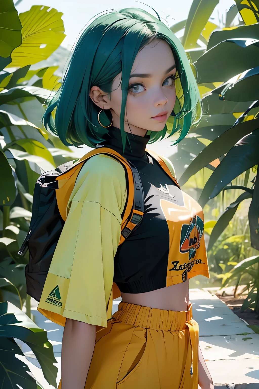 verde: 1.5, laranja: 1.1, Branco: 1.3, amarelo: 1.3, (garota rapper caucasiana com cabelo moicano colorido raspado dos lados), tatuagens, (roupas puffer do poder: 1.2), buds, Adesivos, flor, folhas, mistborn, linhas, background circles