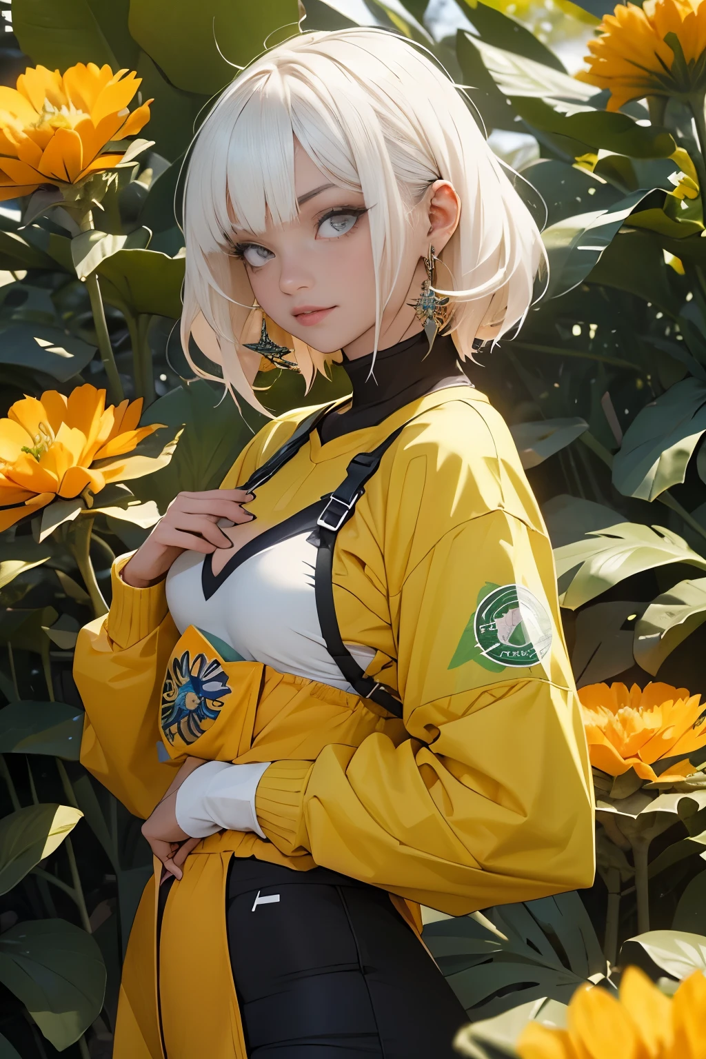 verde: 1.5, laranja: 1.1, Branco: 1.3, amarelo: 1.3, (garota rapper caucasiana com cabelo moicano colorido raspado dos lados), tatuagens, (roupas puffer do poder: 1.2), buds, Adesivos, flor, folhas, mistborn, linhas, background circles