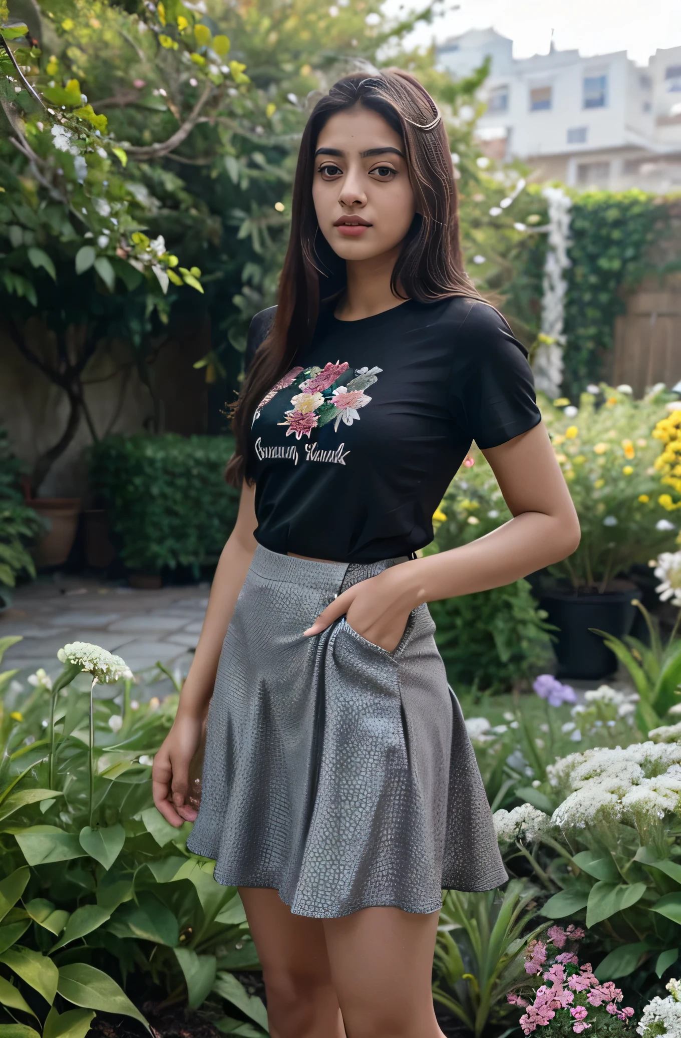 21 yo Indian women Ananya Pandey wering , Black printed tshirt grey printed skirt, gardener in flowers garden perfect view perfect anatomy realistic realism full body view
