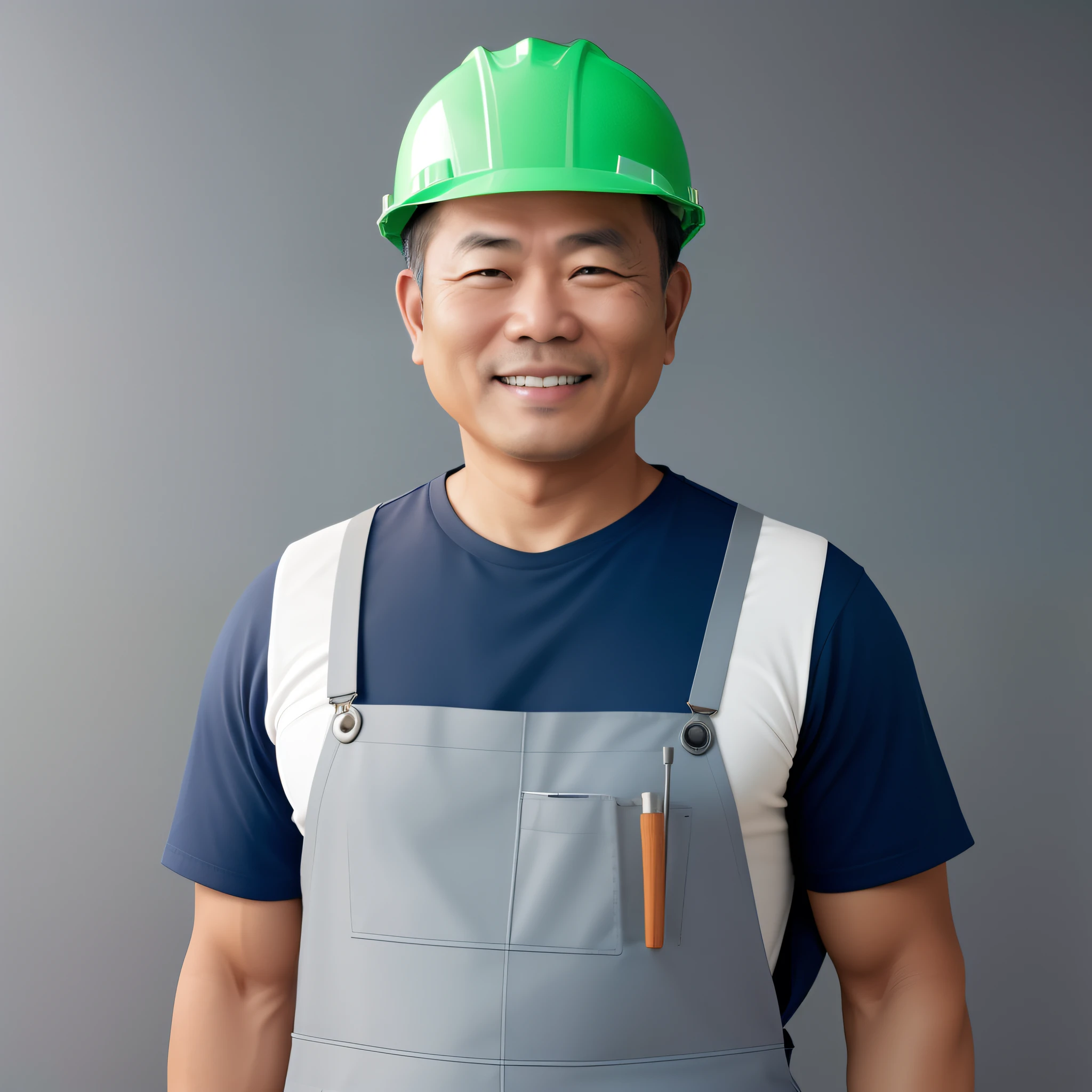 A middle-aged renovation worker，Asian men，Half-body professional ID photo，Plain gray background，well-illuminated，Wear green painted overalls，White hard hat，ssmile