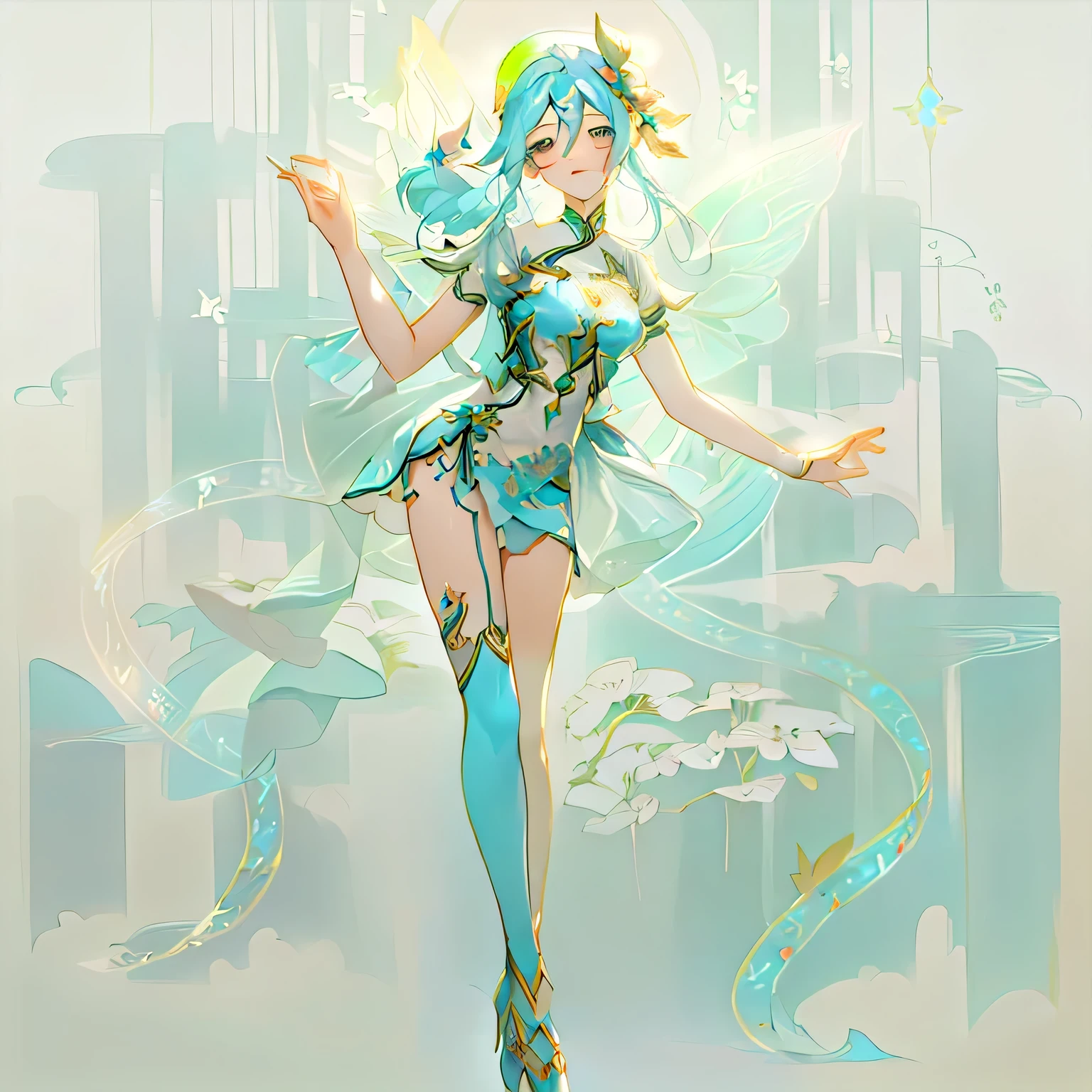There is a painting,There is a Fairy with a long tail in the painting, full body xianxia, Clear clothing design, Elf Character, Smile like a Fairy, Fairy, anime Full body illustration, Suitable for whole body, Fairy Girl, Magical girl style, !!Full body portrait!!, Full body illustration, pretty anime character design, Fairy