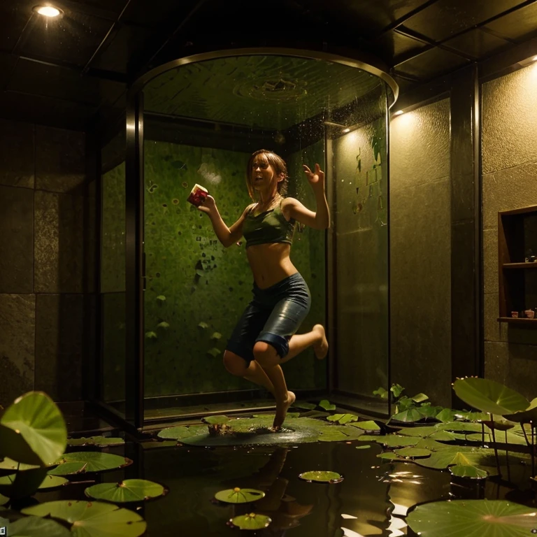 Cover of a mathematical escape room where the protagonist is a little toad who must escape by jumping through water lilies. Con palabras sobre artimeticas pero desordenadas alrededor