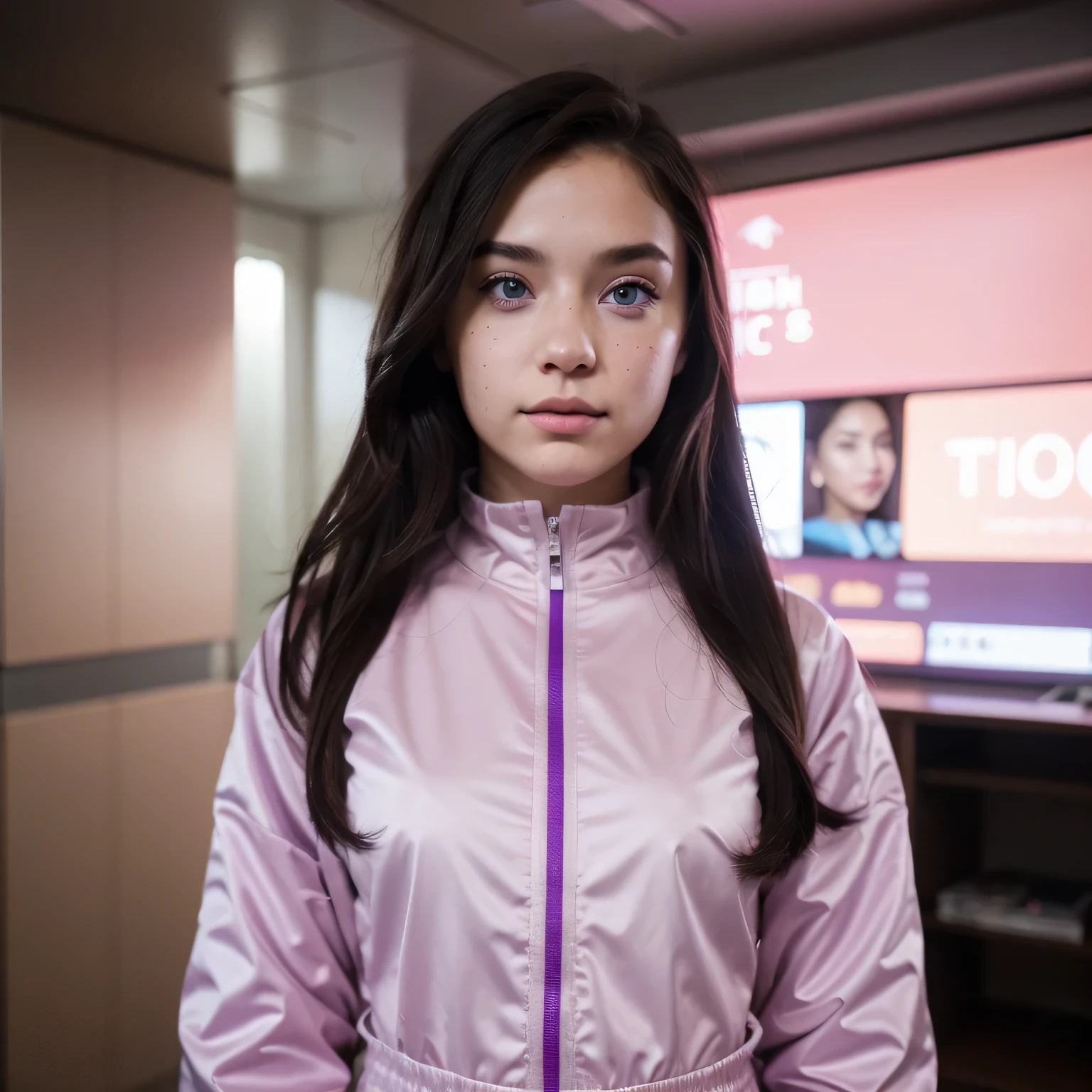 photo of a college student, in Purple Pink, futuristic space suit, (freckles:0.8) cute face, sci-fi, dystopian, detailed eyes, Heterochromia eyes（（Side view））