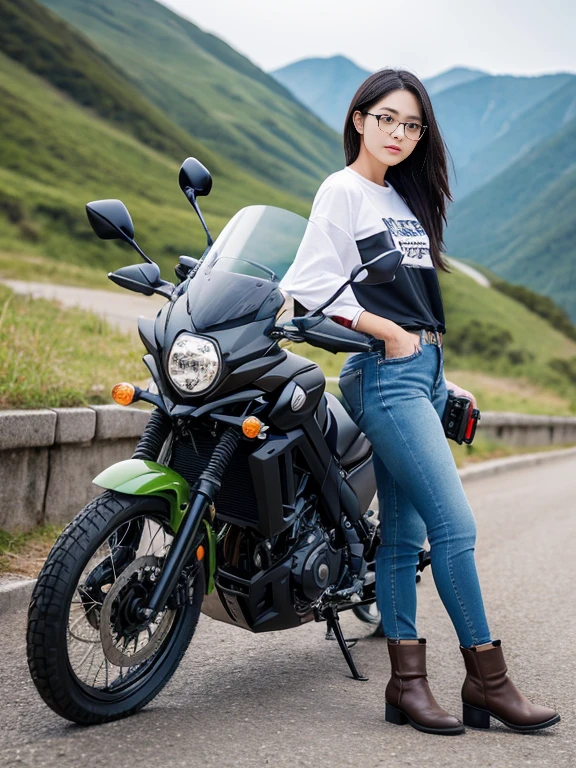 8k、Masterpiece、Ultra HD、highest quality、Ultra-high resolution、Realistic photos、Very beautiful and neat Japanese woman、23 years old、Beautiful Skin、Beautiful Eyes、Beautiful black hair、I always wear glasses、Travelling by motorbike、Standing by the motorcycle、SUZUKI  VStrom650、Motorcycle Jackets、White T-shirt、Skinny denim pants、Brown motorcycle short boots、In the beautiful green mountains、Cowboy Shot