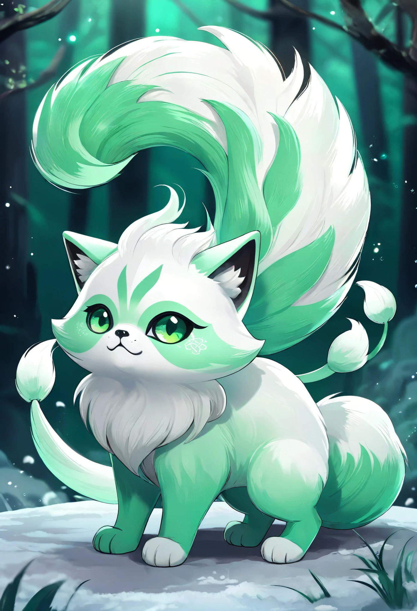 best quality, super fine, 16k, fluffy green and white spirit beast with nine tails, resembling a cat, a fox, or a raccoon, with cute face, cute gestures, cute pose, lots of energy