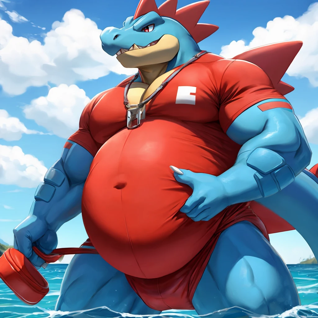 Pokemon Feraligatr, big belly, dressed like a life guard