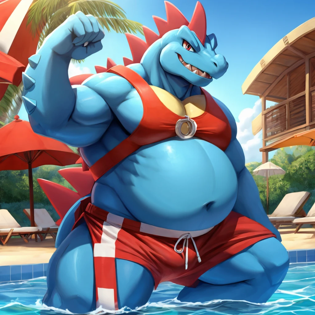 Pokemon Feraligatr, big belly, dressed like a life guard