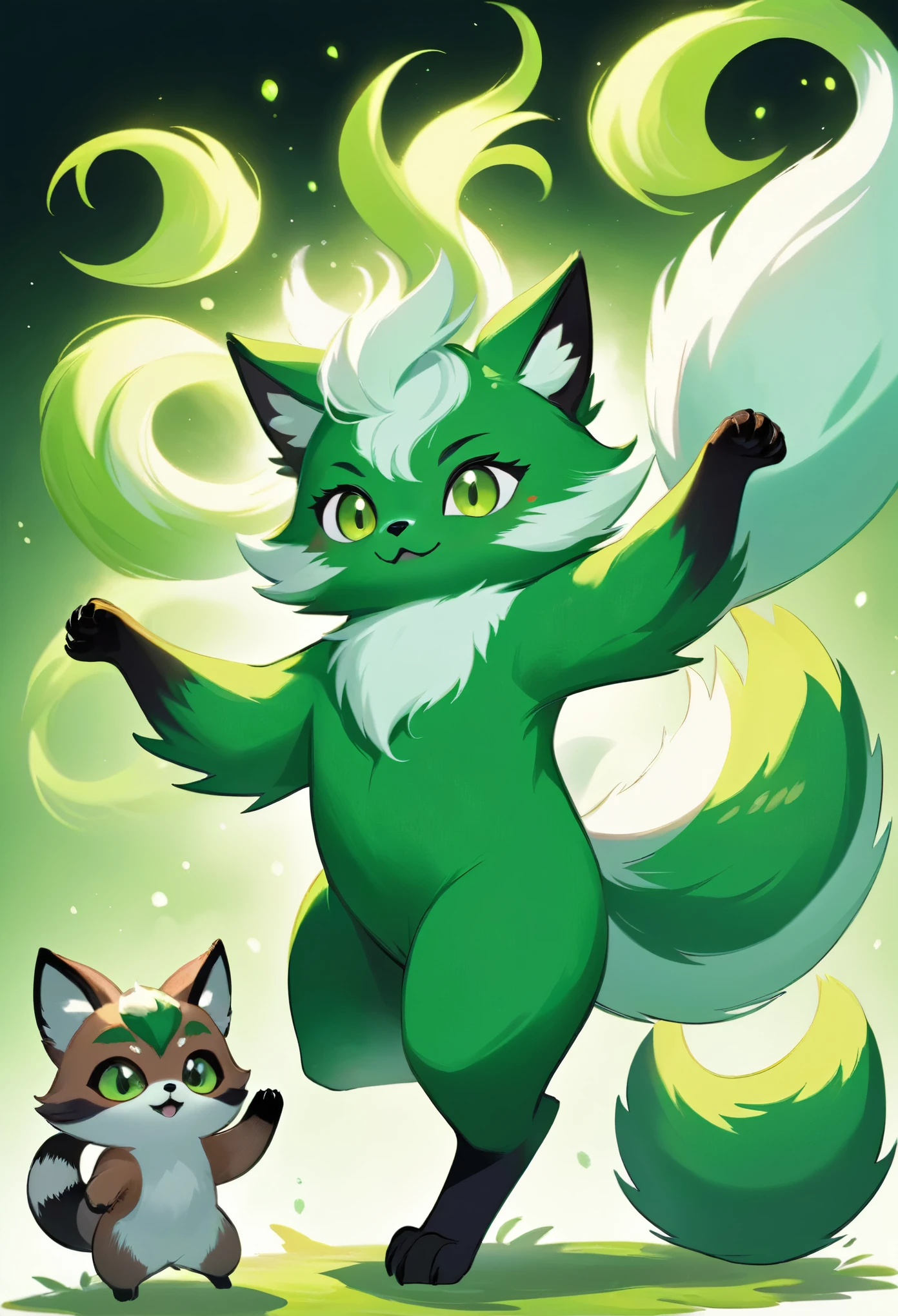 best quality, super fine, 16k, fluffy green and white spirit beast with nine tails, resembling a cat, a fox, or a raccoon, with cute face, cute gestures, cute pose, lots of energy
