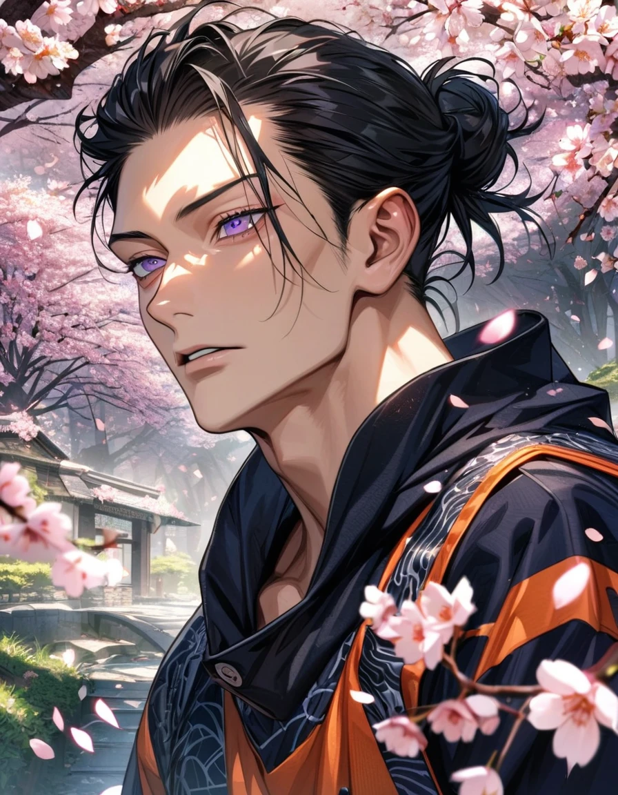 Ultra detailed, Highres, HDR, absurdres, Geto Suguru, black hair tied in a bun, expressive purple eyes, patterns, Jujutsu Kaisen, sexy man, handsome, solo, extremely detailed face and eyes, petals, blossoms, spring, master piece, basketball uniform, cherry blossoms