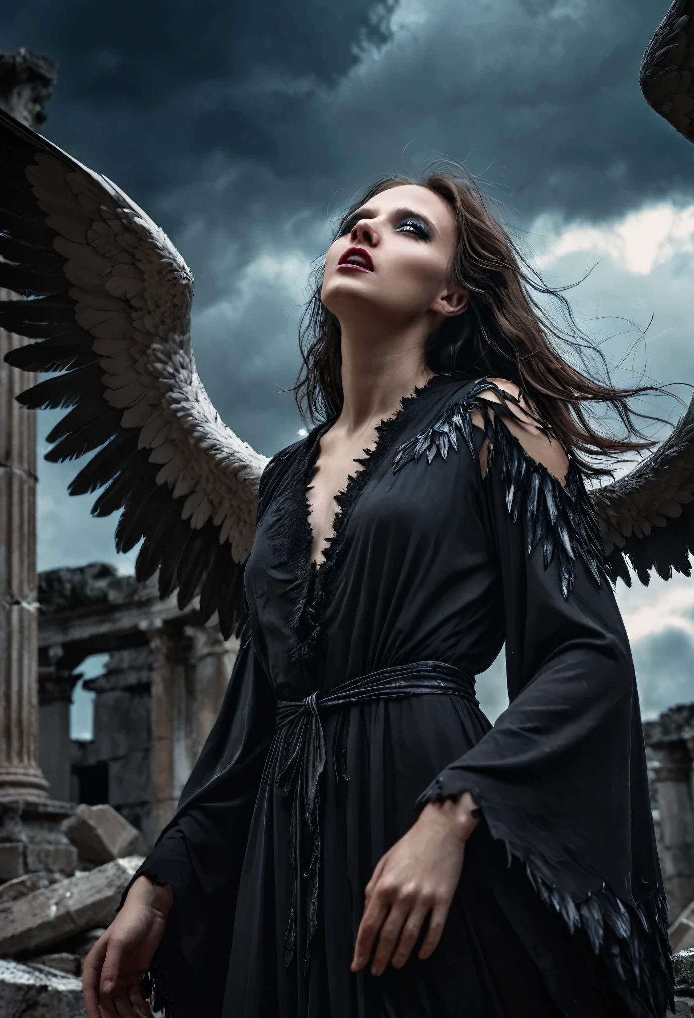 (best quality,4k,8k,highres,masterpiece:1.2),ultra-detailed,realistic,angel wearing black feathery wings and a tattered black robe,beautiful detailed eyes,beautiful detailed lips,fallen from grace,black and white color scheme,hauntingly dark environment,enveloped in shadows,slight flicker of a halo,broken halo,feathers drifting in the air,demonic presence,ominous aura,sinister smirking expression,destroyed heavenly background,stormy clouds and lightning,crumbling pillars and marble ruins,dramatic lighting,contrasting light and shadows,cracks in the earth,creeping darkness,ethereal mist,ominous glowing eyes,corrupted halo,abandoned angelic wings,disheveled hair,blood red tears,forbidden power,consuming darkness,echoes of haunting cries,evil manifestation,tormented soul,fallen angel with outstretched hands,despair and sorrow,lost and corrupted beauty,mystical and malevolent.