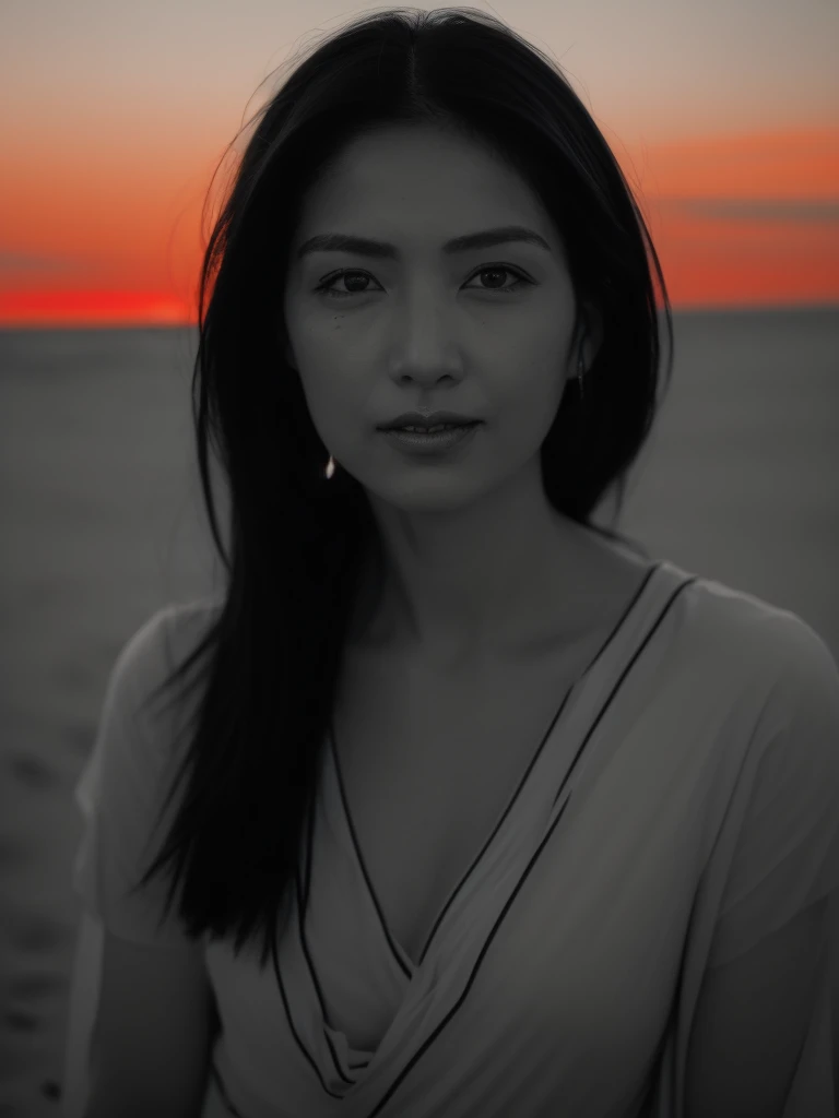 ((Top Quality)), ((8K)), ((Masterpiece: 1.3)), (Perfect Appearance), (Photorealism: 1.6), (grayscale: 1.6), (Japanese woman walking on the beach with the sunset in the background: 1.4), (sandy beach at sunset), (The sea dyed red by the sunset), (The setting sun is dazzling), japanese woman, (48 years old), ((Standing upright, facing forward, center of screen)), ((Realistic skin texture)), (Fine wrinkles throughout the skin), (Dull skin), (Skin without moisture) , (Wrinkles on the face), (Wrinkles on the corners of the eyes), Double eyelids, tear bags on the lower eyelids, The eyes are looking here, serious gaze, smile with the corners of the mouth raised wide, straight medium length, hair fluttering in the wind, (Only the lips are red color: 1.6), (upper body close-up: 1.3), Angle from feet: 1.2,
