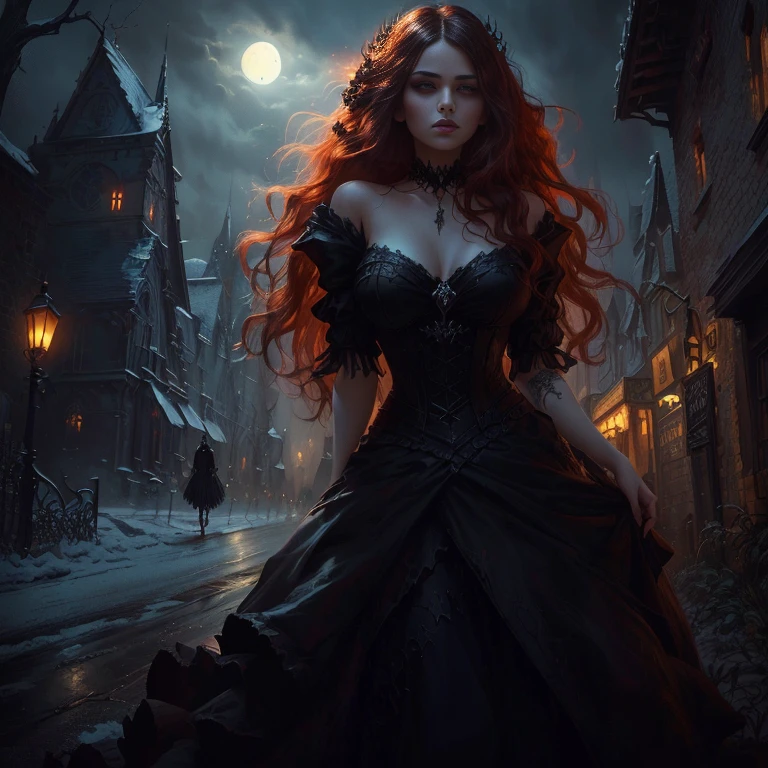 Close-up of a woman in a dress walking down the street, dark Fantasy style art, Dark Fantasy Art, in style of Dark Fantasy Art, gothic fantasy art, Dark Fantasy Artwork, dark fantasy horror art, Fantasy Dark Art, dark fantasy illustration, fantasy horror art, 4k fantasy art, Fantasy style art, Dark Fantasy Oil Painting, Horror fantasy art