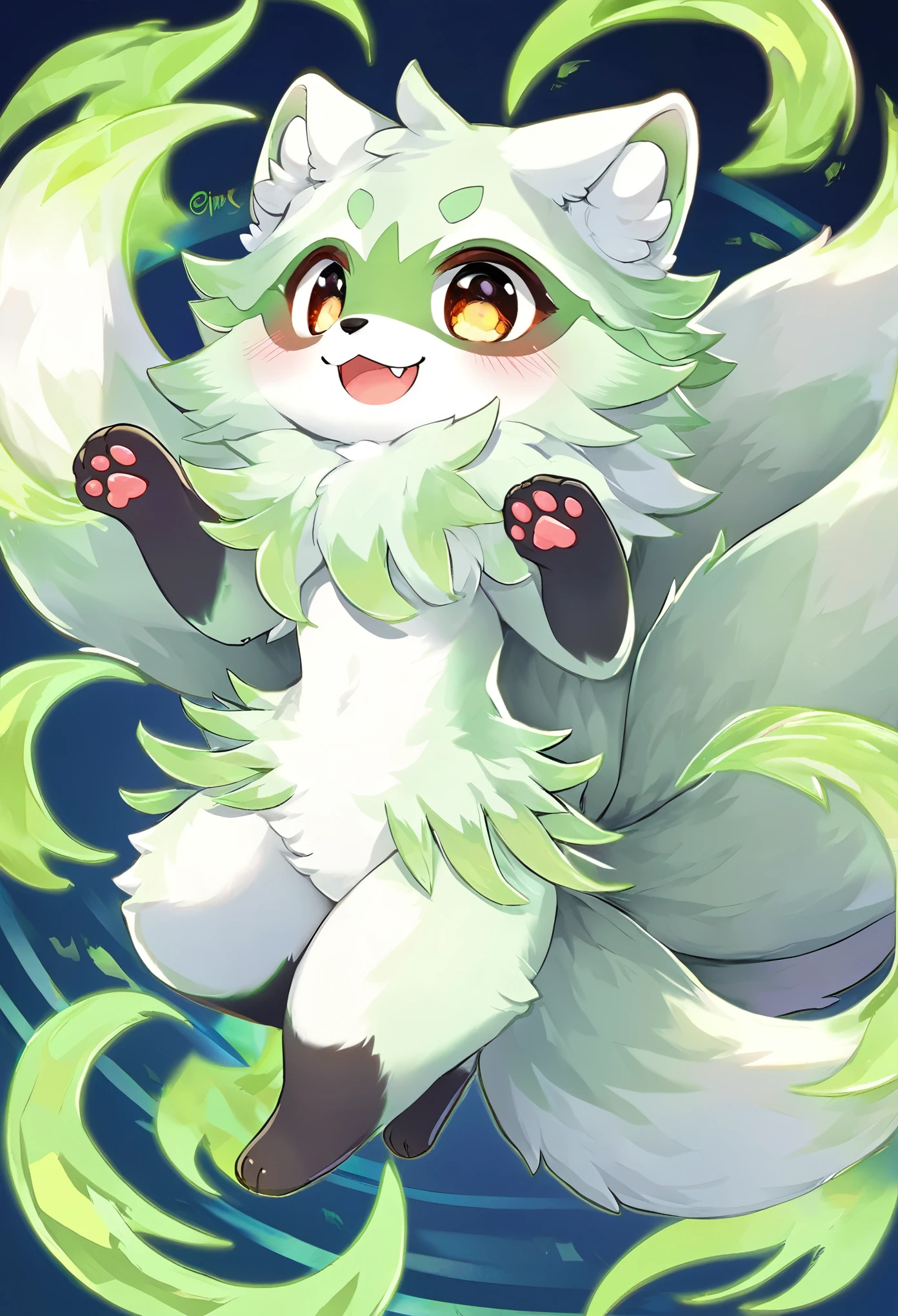 best quality, super fine, 16k, fluffy green and white spirit beast with nine tails, resembling a cat, a fox, or a raccoon, with cute face, cute gestures, cute pose, lots of energy