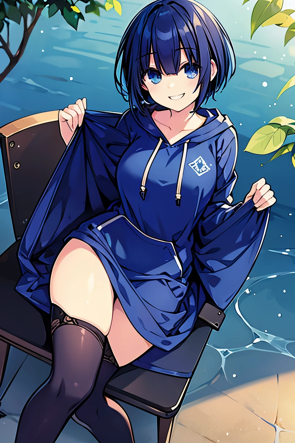 Masterpiece, best quality, 1girl, finely detailed, dark blue hair, low short hair, blue eyes, sweet, cute, smiling, happy, big grin clothes: hoodie, short and stockings, slim body, outdoors
