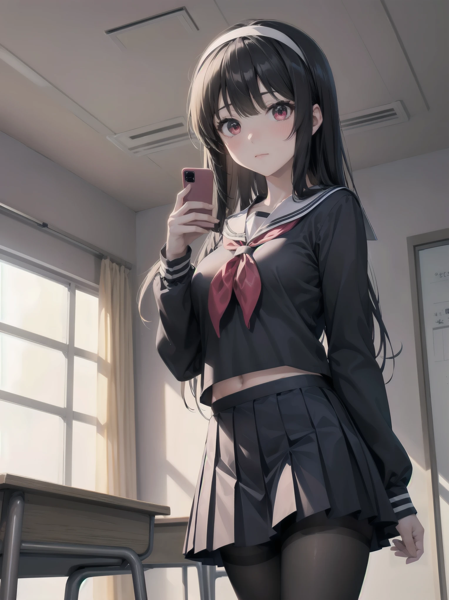 an anime girl standing in an empty room with a phone to her ear, 1girl, solo, , pantyhose, skirt, indoors, hairband, long hair, kasumigaoka utaha, looking at viewer, black hair, red eyes, breasts, blush, pleated skirt, black pantyhose, classroom, white hairband, long sleeves, bangs, neckerchief, closed mouth, desk, sailor collar, serafuku