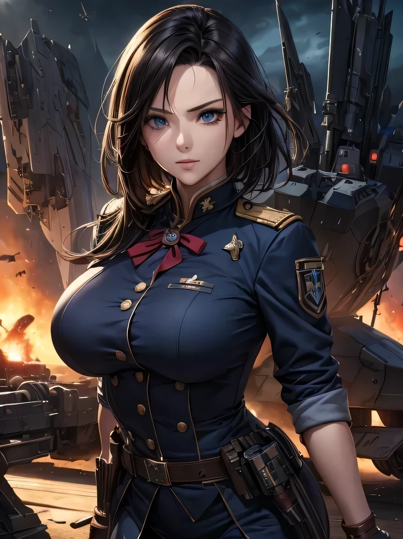 ((masterpiece、highest quality、Genuine、Very detailed、High resolution、Sharp focus、Photorealistic、Cinematic lighting))、Natural and realistic colors、((1 girl、Bust Shot))、Official Art、SF Movies、Adult female, Age 25、Dark blue eyes、Black bob short hair、uniform、Formal wear、Polite uniform、Serious face、Sharp eyes、Realistic Face、The background is a battlefield、Spaceship in the sky、Bullets fly、Dynamic Action、View your viewers、Detailed hand drawing