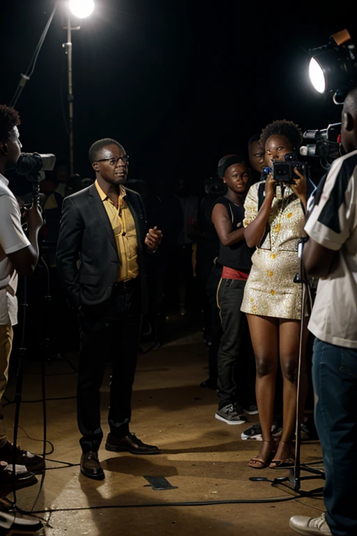 Cameroon people on a movie set with cameras and lights and sound recording