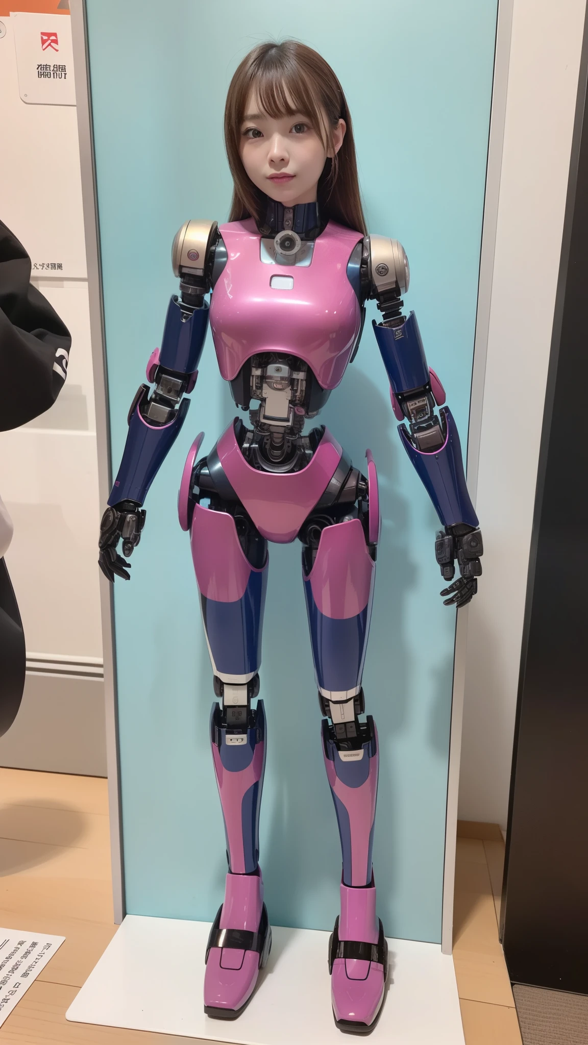 (Photorealsitic:1.4)、one robot girl、(top-quality)、(hyperdetailed face)、(Super well-formed face)、(Robot Parts)、(Female-Robot)、(17 years-old)、(Blue)、(pink there)、(Burgundy)、(metallic)、(full-body)、(sexy pose)、(Slender body)、(Model body type)、(full body mech)、(Street of Akihabara)、(is looking at the camera)、(A brown-haired)、(Well-proportioned body)、(a small face)、(a small head)、(well-groomed fingers)、(Idol)、(front facing)、(Standing with legs open)、(Photo session)、(Looks sad)、(perfect-female-robot)、(perfect-mechanical-body)