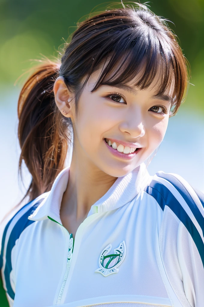 zydG, 1girl, detailed skin, looking at viewer, brown eyes, (ponytail with bangs:1.2), (large breasts:1.0), (large areolae:0.8), smile with white teeth,
(photorealistic:1.4), (best quality:1.0), (ultra highres:1.0), 8k, RAW photo, (masterpiece:0.2), (golfwear:1.4), (sweat, wet:1.1), portrait, face focus,
(pureerosface_v1:0.5) [golf course]
