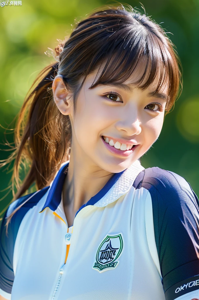 zydG, 1girl, detailed skin, looking at viewer, brown eyes, (ponytail with bangs:1.2), (large breasts:1.0), (large areolae:0.8), smile with white teeth,
(photorealistic:1.4), (best quality:1.0), (ultra highres:1.0), 8k, RAW photo, (masterpiece:0.2), (golfwear:1.4), (sweat, wet:1.1), portrait, face focus,
(pureerosface_v1:0.5) [golf course]